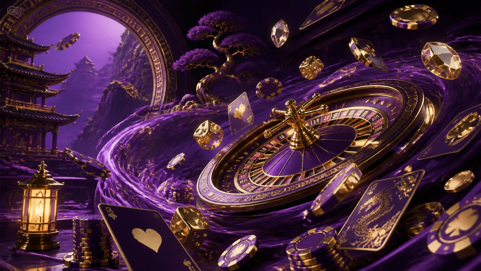 A cyberpunk-style neon casino scene with glowing poker chips and dice, creating a vibrant and futuristic ambiance.